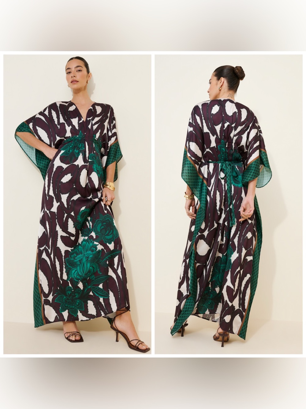 Atsu Kaftan Maxi Gown Green Multi Floral Vacation Small